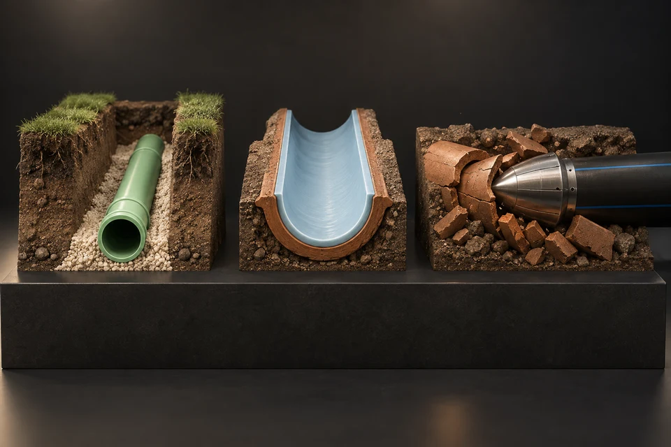 Conceptual illustration of open cut, lining and bursting: distinct replacement methods