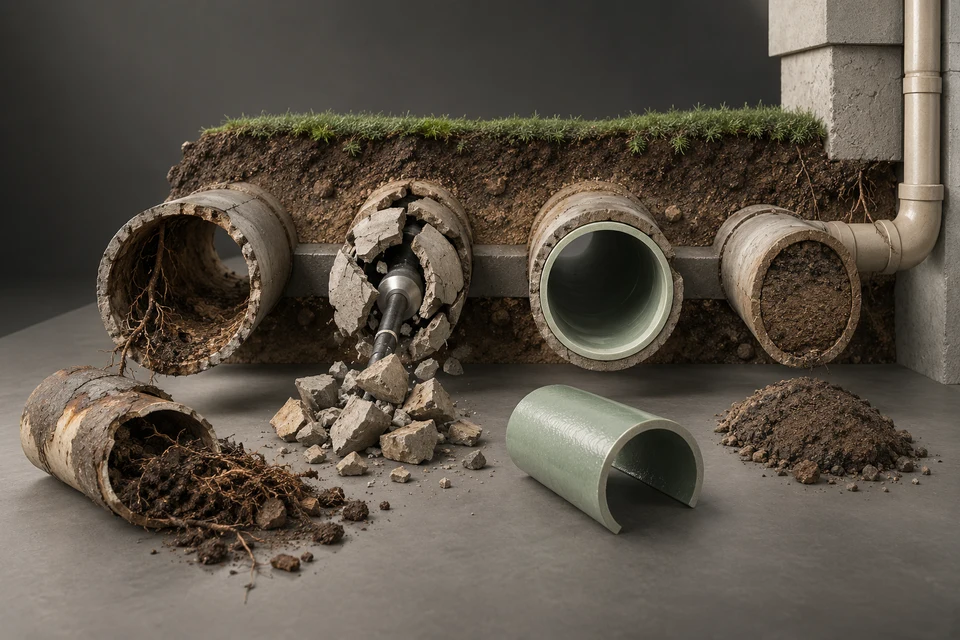 Conceptual illustration of lined in place · burst fragments · excavated removal