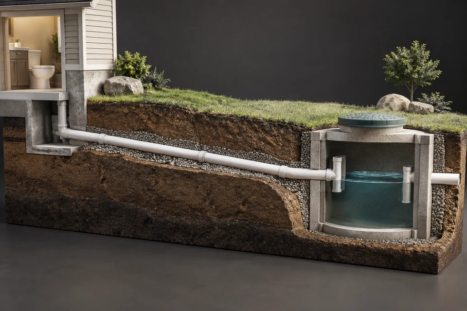 Conceptual illustration of house outlet · gravity lateral · tank inlet