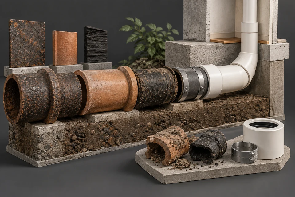 Conceptual illustration of cast iron · clay · fibre pipe