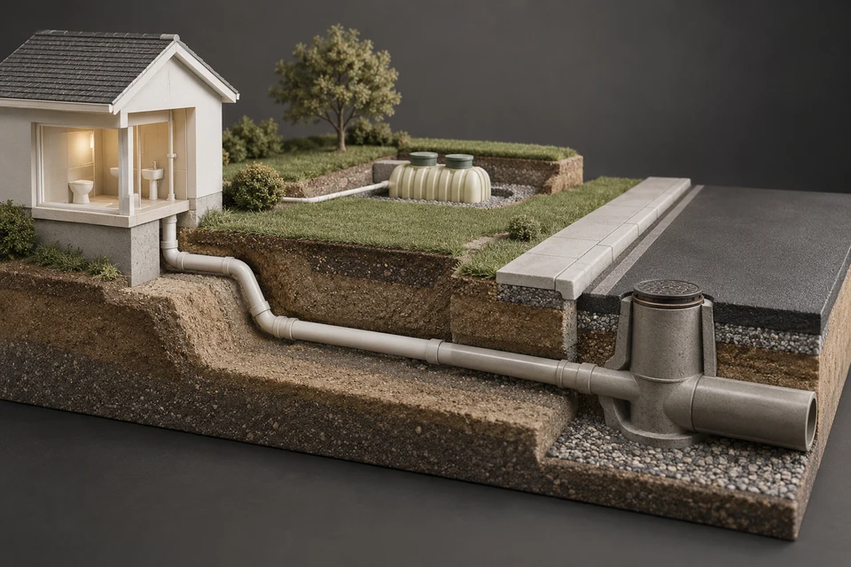 Conceptual illustration of house outlet · private lateral · street main